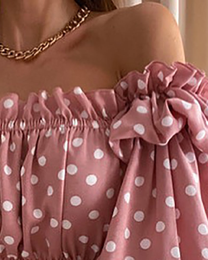 Summer Women Polka Dot Print Off Shoulder Shirred Top 2021 Elegant Femme Puff Sleeve Corset Blouse Lady Outfits y2k Tunics