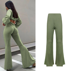 CIBBAR Solid Low Waist Ribbed Flare Pants Women Summer Slim Elegant Casual Elastic Trousers Female Fashion All-Match Streetwear