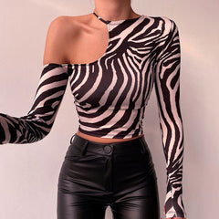 T-shirt Long Sleeve Strapless Irregular Zebra Print Top Short Top Y2K Tees Streetwear