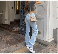 Straight Leg Jeans For Loose High Waist Trousers Casual Blue Wash Cotton Denim Baggy  Jeans