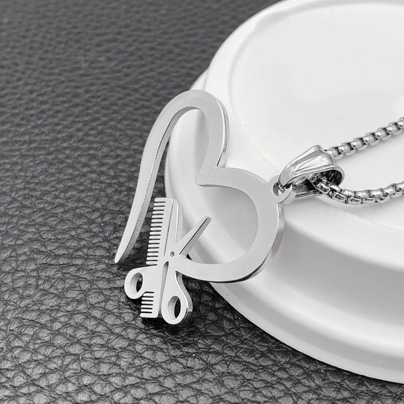 Stainless Steel Heart Scissors Haircut Barber Men's Necklace Pendant Chain