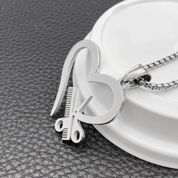Stainless Steel Heart Scissors Haircut Barber Men's Necklace Pendant Chain