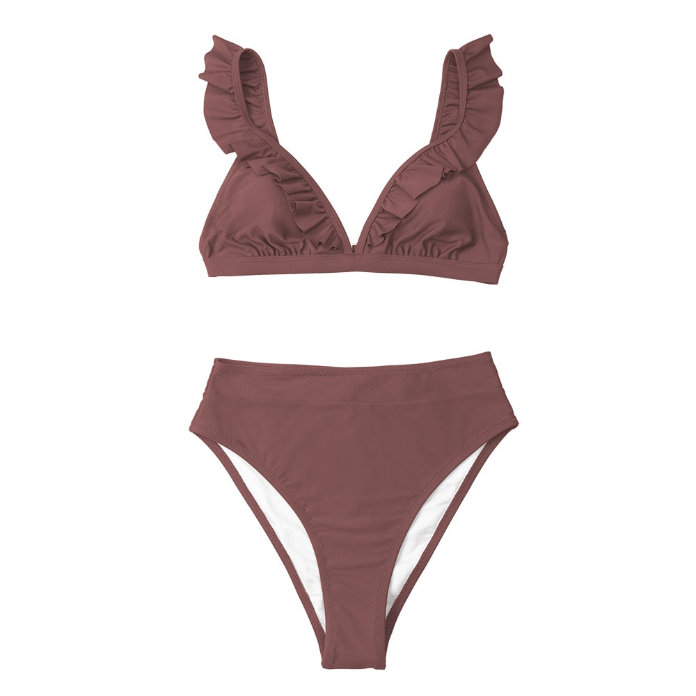 V-neck Ruffled High-waist Bikini Set