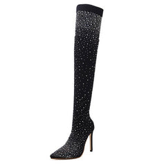 Women Boots Over The Knee Boots Fashion Rhinestone Pointed High Heel Outdoor Shoes