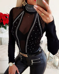 Blouse Women New Skinny Black Turtleneck Top Studded Sheer Mesh Long Sleeve Blouses Sexy Bodycon Ladies Tee Shirts fashion