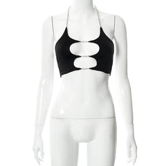 BOOFEENAA Metal Chain Cut Out Sexy Halter Top Cyber Y2k Fashion Backless Tanks Camis Club Wear Black Crop Tops C85-BE10