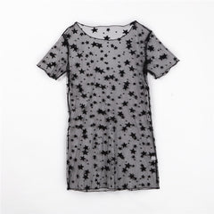 Sexy Mesh See Through T-shirt Women Short Sleeve Stars Printed Cover Up Long T Shirt Beachwear Sarong T-Shirt