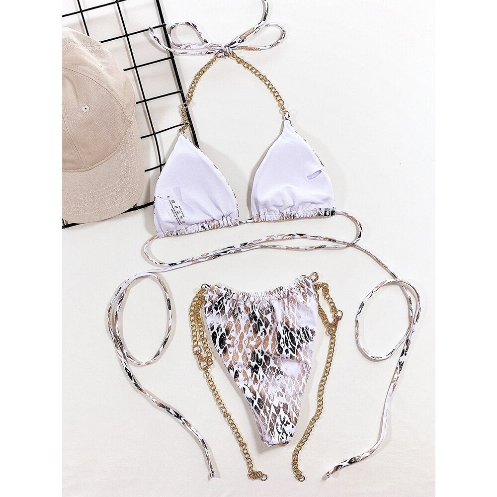 Snakeskin Print Bikini Chain Swimwear Two Piece