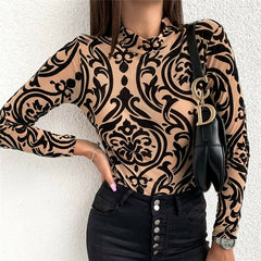 Sexy Mesh Polka Dot Printed T-shirt Women Long Sleeve High Neck Tops Tshirt See Through Spring Party Club Tee Shirt