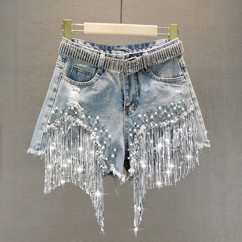 Elegant Shorts Lady Tassel Beading High Waist Wide Leg Denim one-piece Main image