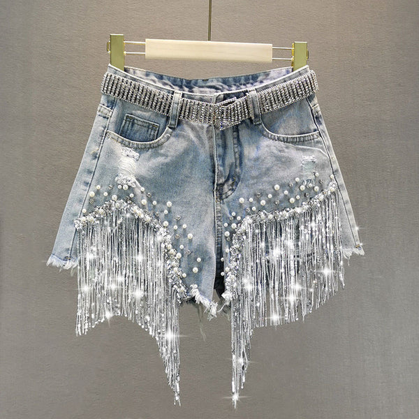 Elegant Shorts Lady Tassel Beading High Waist Wide Leg Denim one-piece