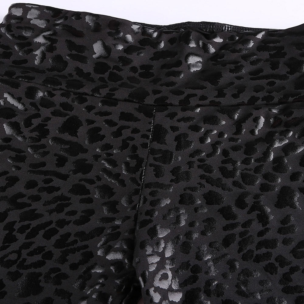 SEBOWEL Women High Waist Black Leggings Leopard Textured Stretchy Faux Leather Pants Female Sexy Skinny Autumn Leggings S-XL