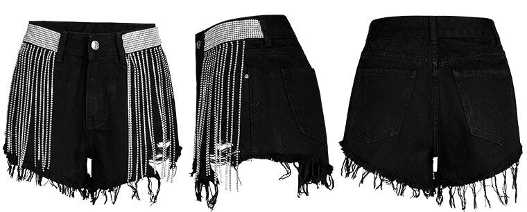 Sexy Fringe Shorts Denim Jeans Women Rhinestone Embellished Female Short Trousers Tassel Summer Clothing Designer Black 2021