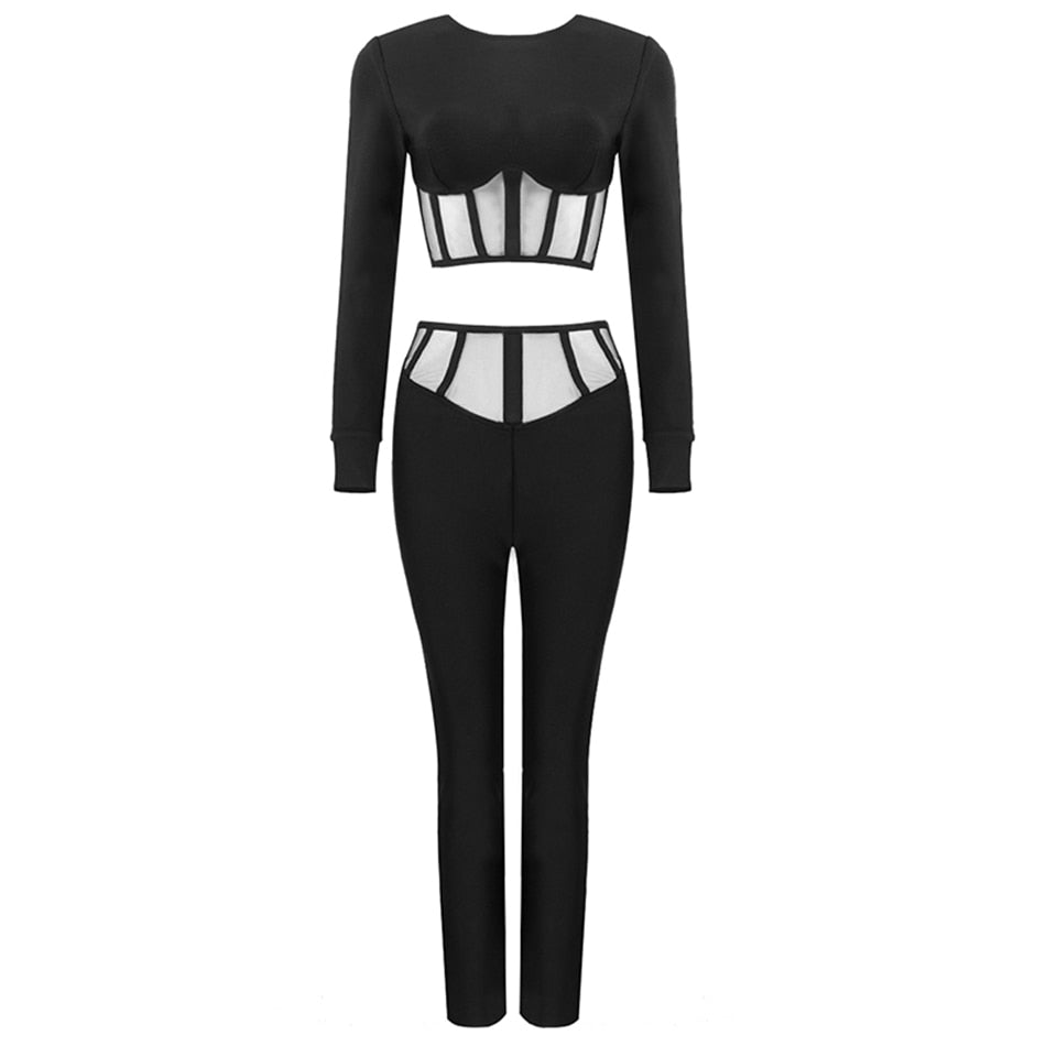 Two-piece Set Black Sexy Long Sleeve Mesh Tight Bandage Set