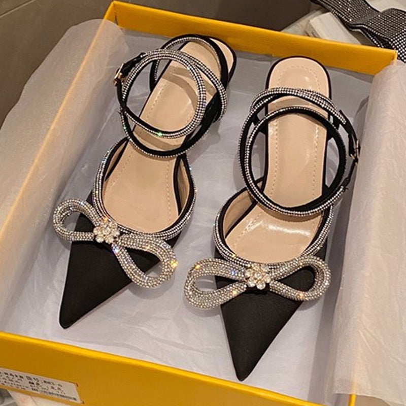 Glitter Rhinestones Women Pumps Crystal Bowknot Silk Pointed Toe Buckle Strap Thin High Heels