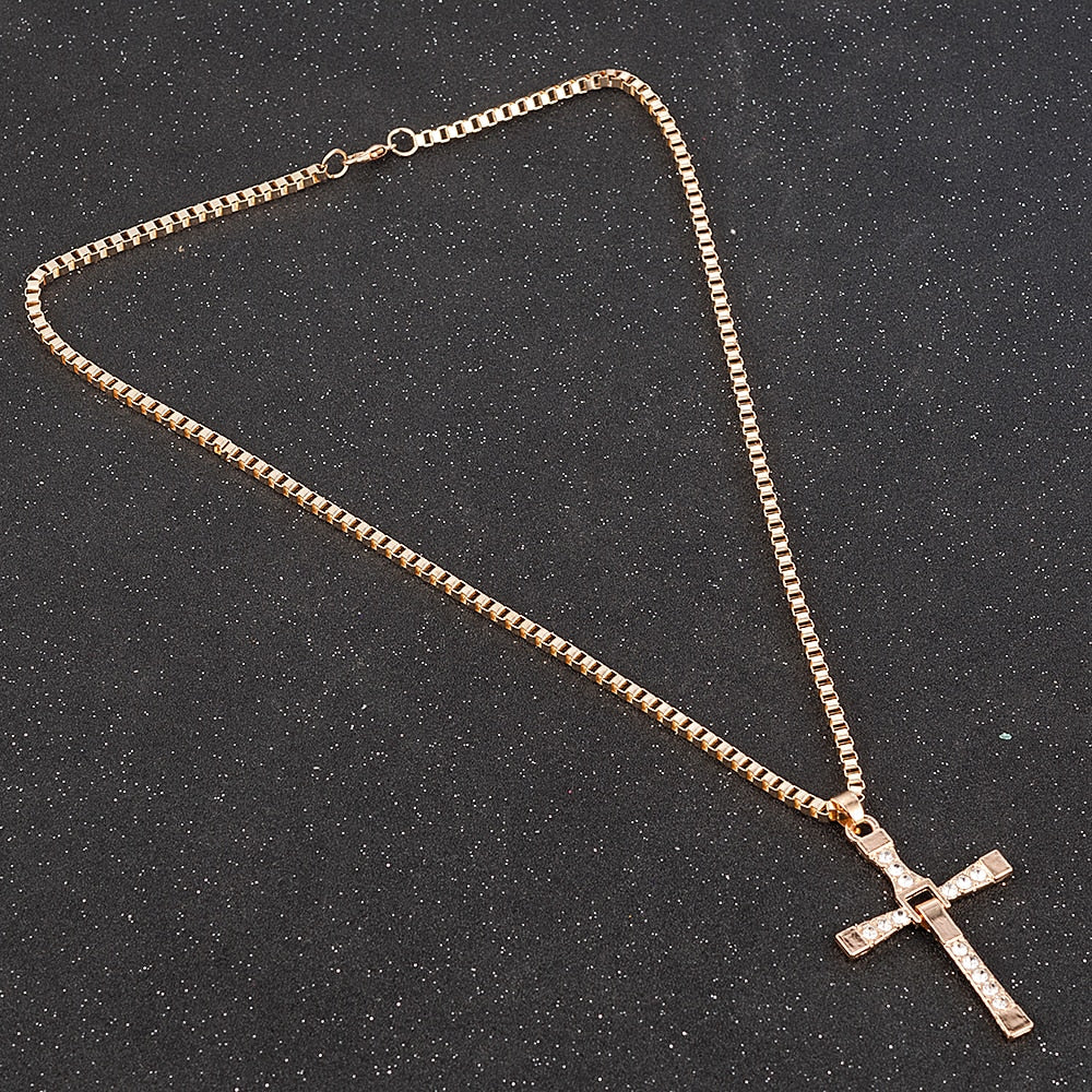 Fast and Furious Movies Actor Dominic Toretto  Rhinestone Cross Crystal Pendant Chain Necklace Men Jewelry