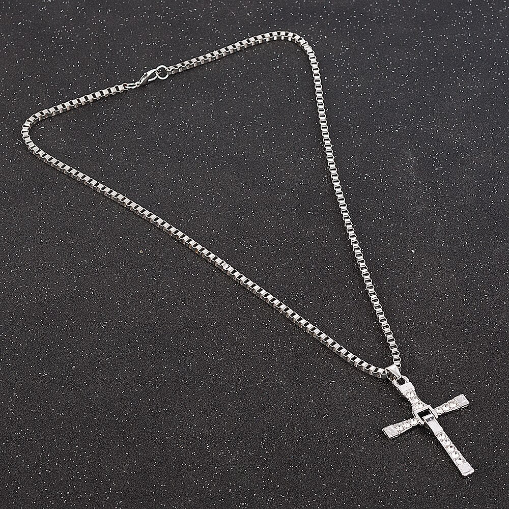 Fast and Furious Movies Actor Dominic Toretto  Rhinestone Cross Crystal Pendant Chain Necklace Men Jewelry
