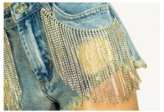 Women Sexy Denim Shorts Tassel Ripped Jeans Rhinestone Embellished Diamond Short Trouser Nightclub Outfit Matching Plus Size