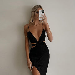 Cryptographic Sexy Backless Cutout Midi Dress Club Party Outfits for Women Sleeveless Elegant Straps V Neck Dresses Vestidos