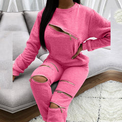 Fashion New Zipper Hollow Out Two-Piece Set Long Pant Ladies Streetwear Suits