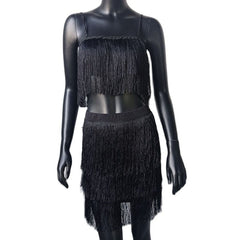 Fashion Tassel Spaghetti Strap Crop Top Mini Dress 2 Piece Set Women Sexy Camis Package Hip Dresses Party Clubwear Suits