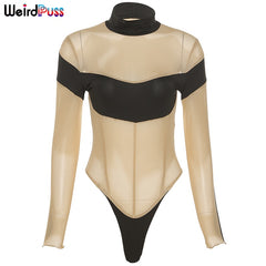 Weird Puss 2021 Sexy Mesh Patchwork Bodysuits Women Long Sleeve Skinny Stretchy Club Fashion Bodycon See Through Summer Wild Top