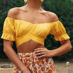 Nadafair Blouse Women 2020 Summer Off Shoulder Tops Puff Sleeve Bow Tied Beach Short Sleeve Backless Sexy Crop Top Women White