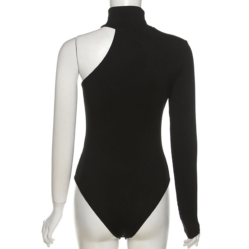 One Shoulder Knitted Bodysuit Turtleneck Black Bodysuit