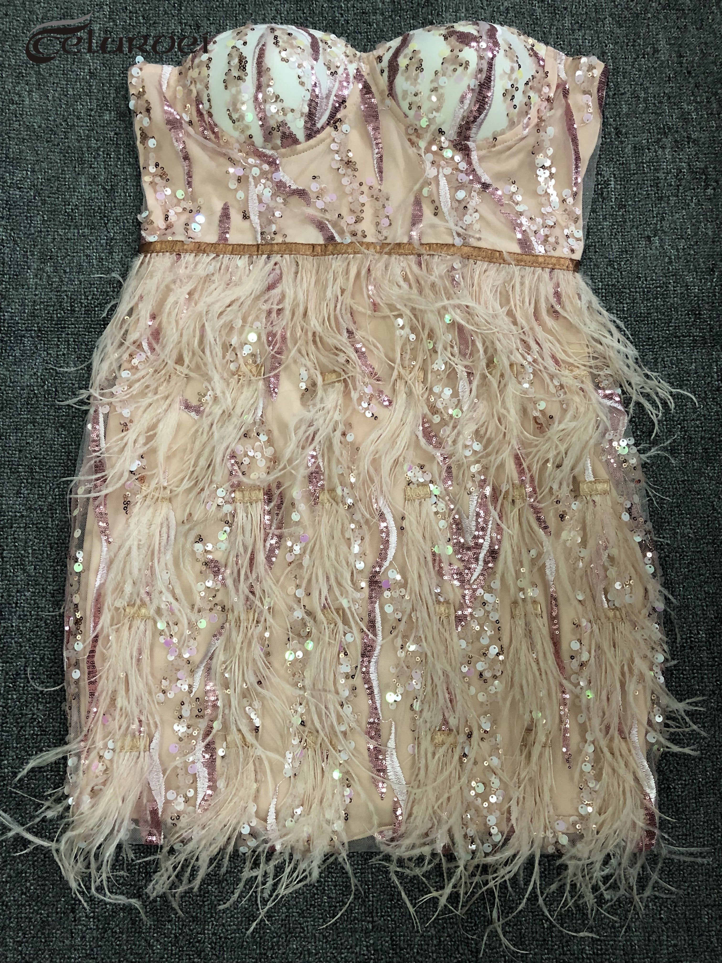 High Quality Pink Sequin Feather Mini Dress Fashion Strapless Night Club Party Bodycon Dress Vestidos