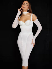 Karlofea Lady Long Sleeve Mesh Satin Patchwork Midi Dress Underwired Padded Bustier 2021 Elegant Chocker Slim Corset Party Dress
