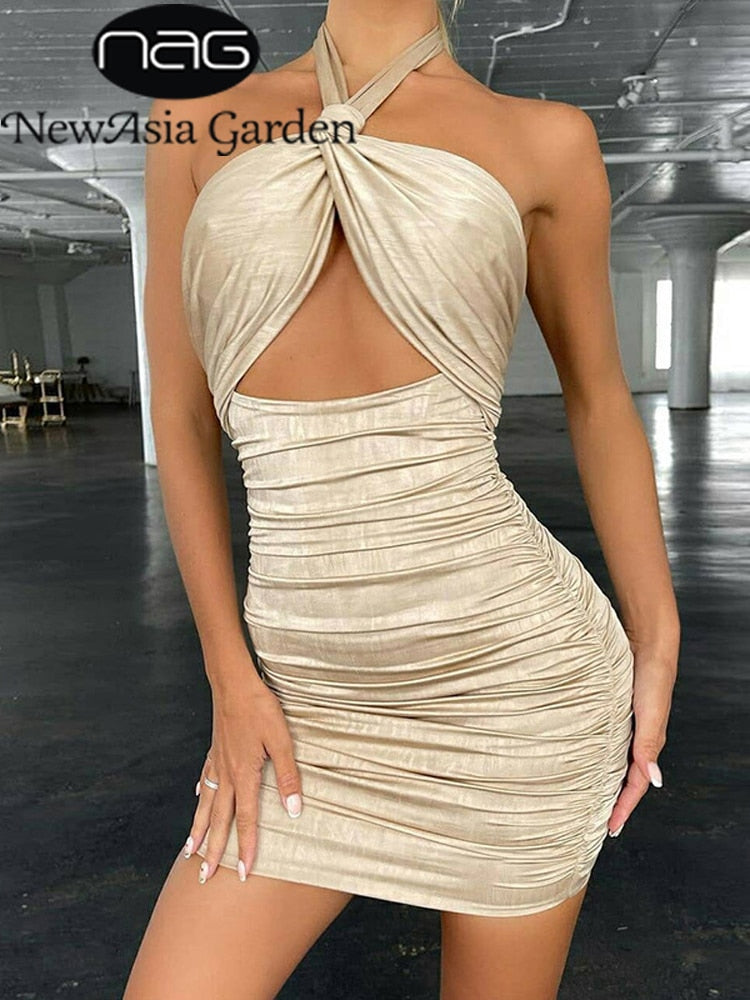 NewAsia Bodycon Dress Women Ruched Hollow out Halter Neck Tie up Backless Solid Color Zipper Mini Sexy Party Dress robe femme
