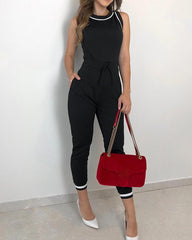 Contrast Binding Tie Waist Casual Jumpsuit