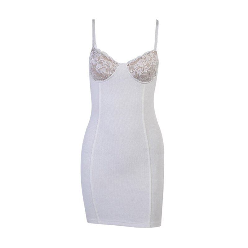 Beyouare Women&#39;s Lace Patchwork Dress Strapless Spaghetti Strap Sleeveless Skinny Mini Dresses 2021 Summer Solid Casual Elegant