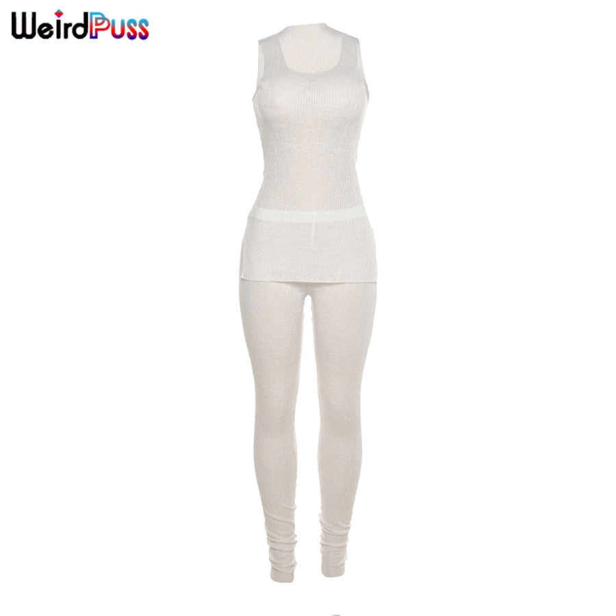 Weird Puss Two-Piece Sets Women Knitting Ribbed Sleeveless Split Tops+High Waist Pants Thin Summer Sporty Suit Casual Streetwear