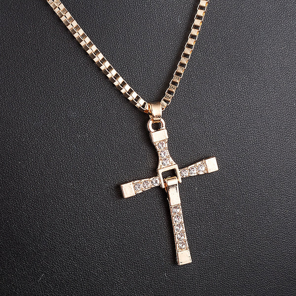 Fast and Furious Movies Actor Dominic Toretto  Rhinestone Cross Crystal Pendant Chain Necklace Men Jewelry