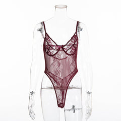 Yimunancy Floral Sheer Lace Bodysuit Women Backless Transparent Mesh Bodysuit Bow Sexy Bodysuit Ladies Cut Out Strap Jumpsuit