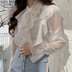 New Korean Chiffon Blouse Office Lady Fashion Tops Sweet Bow Blouse Women Blouses Casual Long Sleeve Summer Blouses Blusas 13864