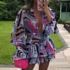 Fandy Lokar V Neck Suits Women Fashion Lantern Sleeve Suit Women Elegant Loose Ruffles Mini Skirts Suits Female Ladies