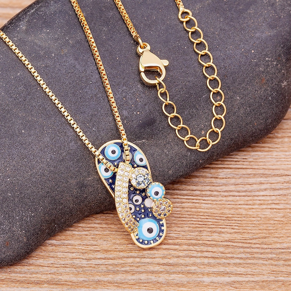 Rhinestone Enamel Slipper Pendant - Blue Evil Eye Necklace Chain Gold Plated