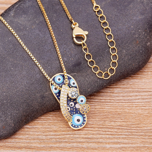 Rhinestone Enamel Slipper Pendant - Blue Evil Eye Necklace Chain Gold Plated