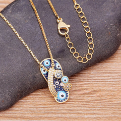 Rhinestone Enamel Slipper Pendant - Blue Evil Eye Necklace Chain Gold Plated