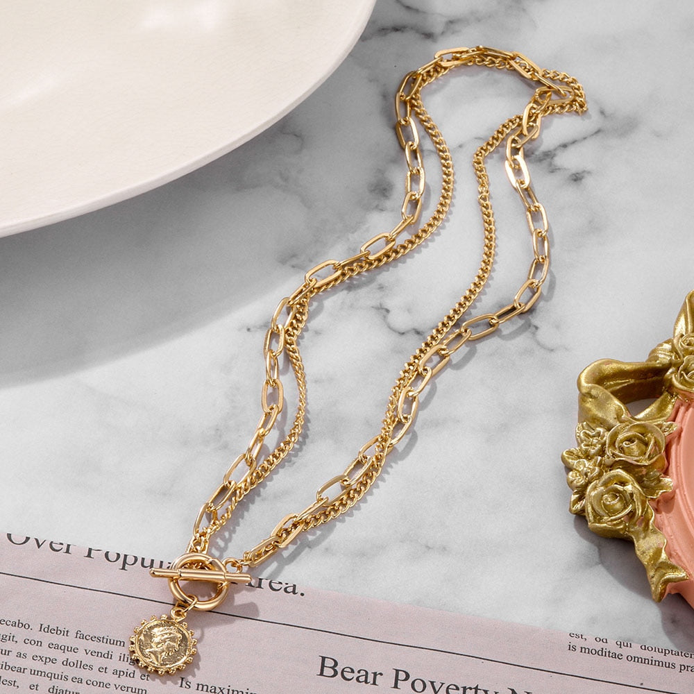 Vintage Carved Coin Thick Chain