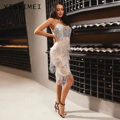 Tassel Latin Dresses for Women Tango Salsa Gogo Rumba Dance Performance Costume Party Dancer Singer Fringe Tassel silver Dress