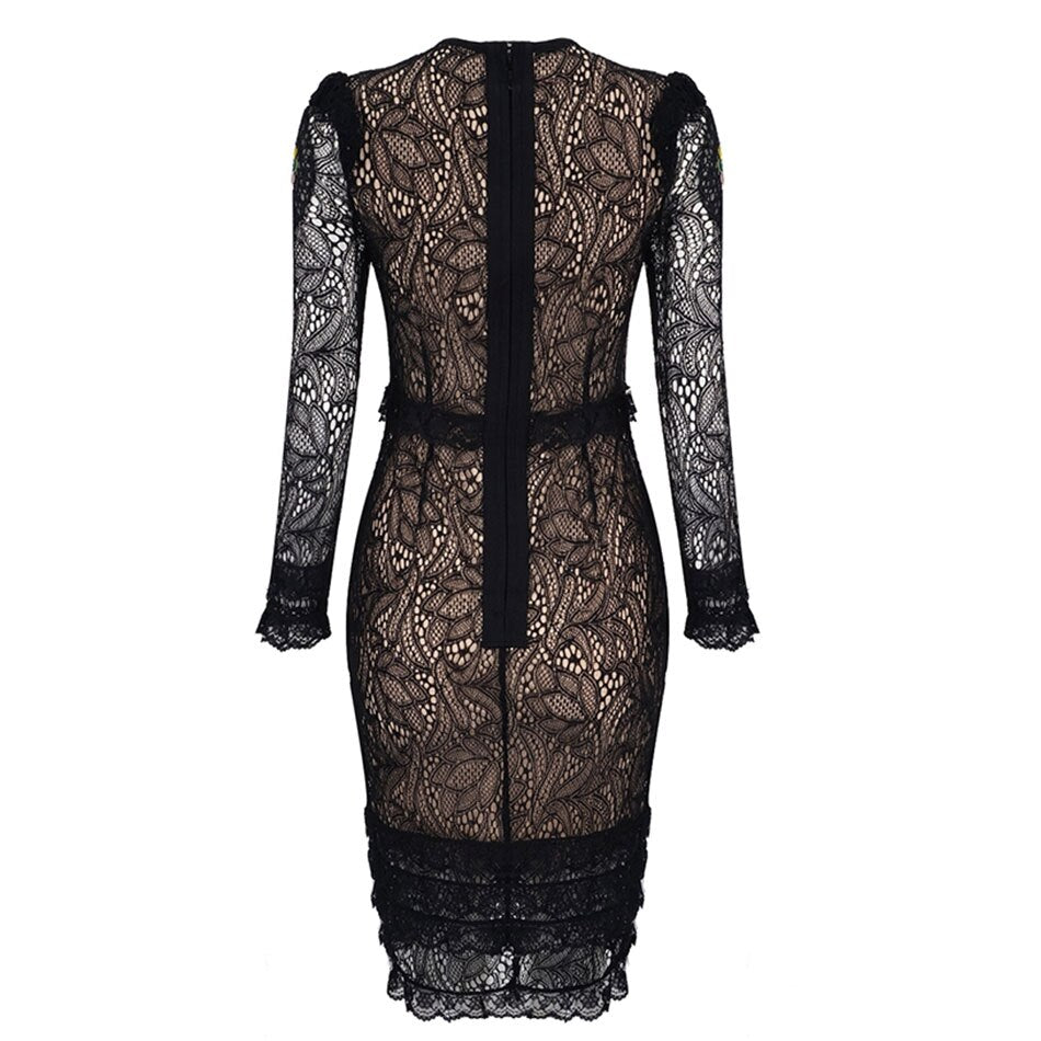2022 New Women&#39;s Celebrity Club Party Dress Vestidos Graceful Floral Embroidery Long Sleeves Ruffles Lace  Bandage Midi Dress