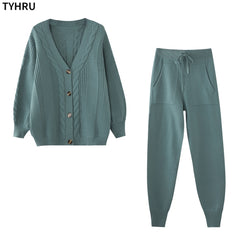 TYHRU Women Knitting 2-pieces sweater Suit Hemp Flower V-neck Single-Breasted cardigan + Pants lady winter sweater Set