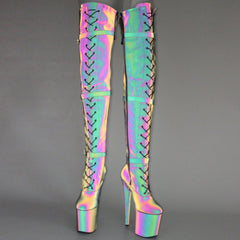 Lace Up Thigh High Boots Sexy Exotic Pole Dance Colorful Reflective Fabric Luminous Platform Shoes
