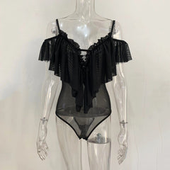 Yimunancy Mesh Bodysuit Women Perspective 2020 Spring Off Shoulder Skinny Bodysuit Ladies Ruffle Sexy Bodysuit Summer Overalls
