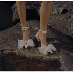 Glitter Rhinestones Pumps Crystal bowknot Satin Shoes Genuine leather High heels