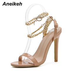 Aneikeh Sexy PU Shallow High Heel Sandals Women Summer 2022 NEW Pointed Toe Metal Chain Shoes Fashion Buckle Strap Party Sewing