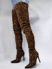 Stretch Thigh High Leopard Boots Over the Knee Boots Thin High Heel Long Shoes